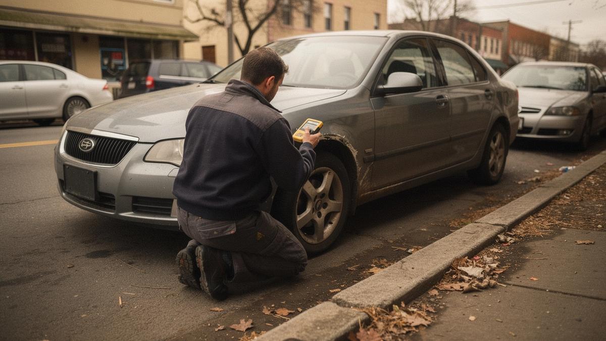 Inspector measuring paint thickness on a used car parked at a city kerb