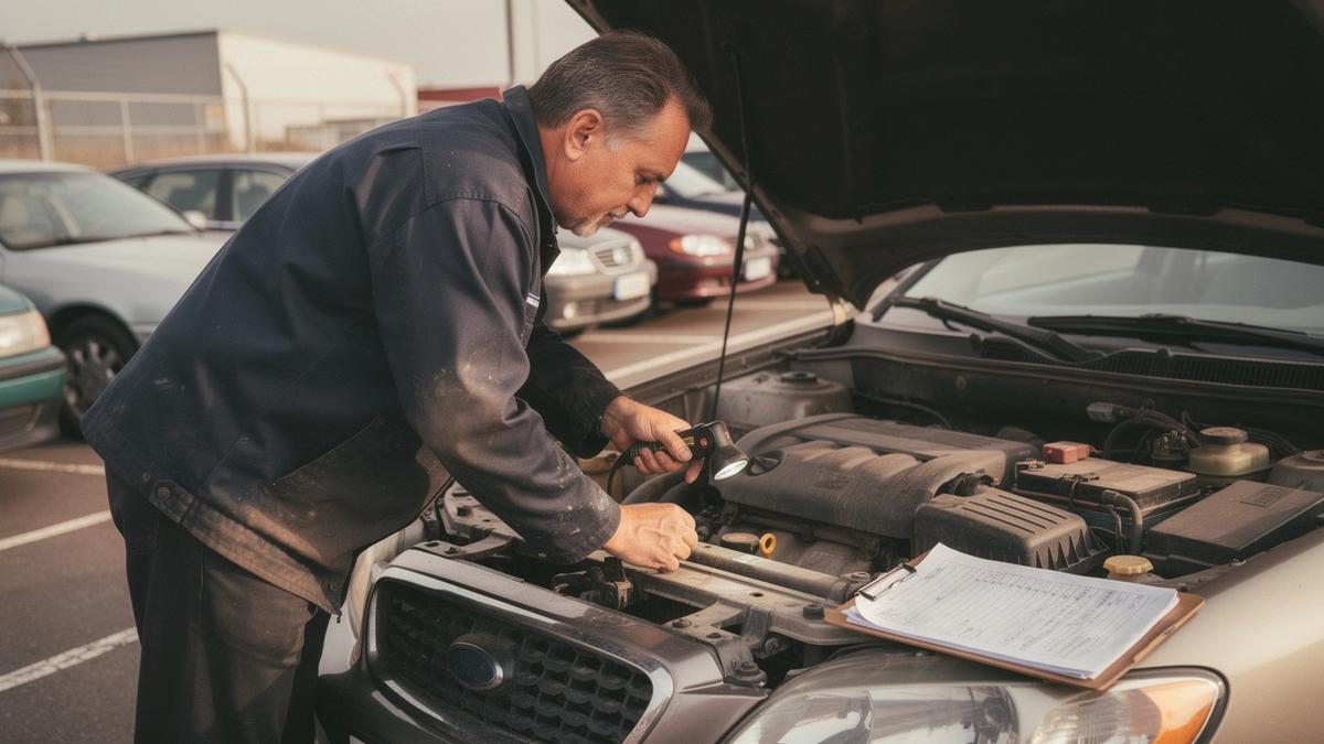 Inspector examining the engine bay of a used car with a torch and clipboard