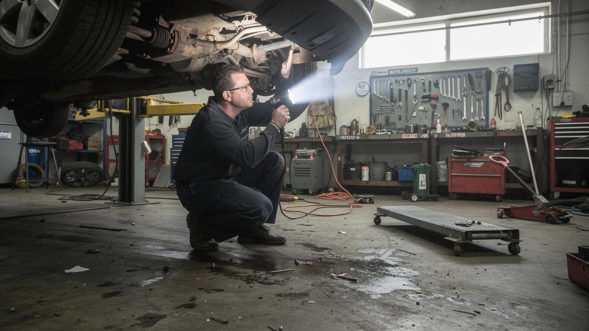 Inspector checking the underside of a used car raised on a lift with a flashlight