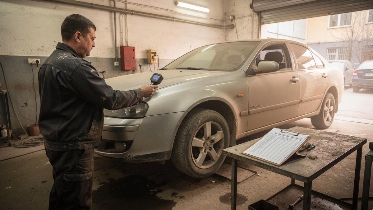 Inspector measuring paint thickness on a used sedan raised on a workshop lift in Kyiv