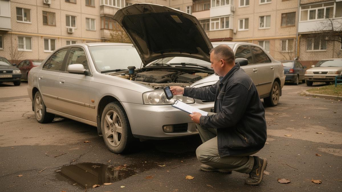 Independent inspector measuring paint thickness on the bonnet of a used sedan during an on-site check in Kyiv