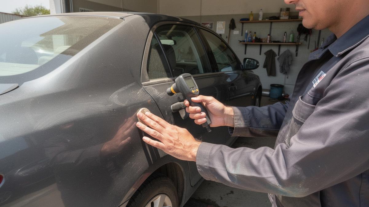 Inspector measuring paint thickness on the rear quarter panel of a used sedan