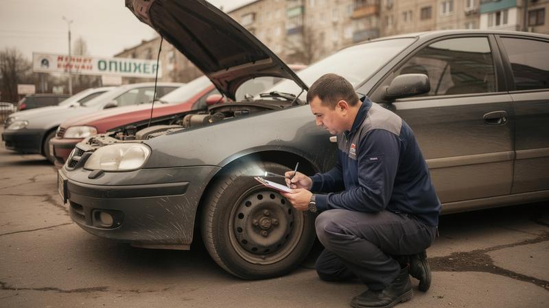 Inspector reviewing a used car at a seller location