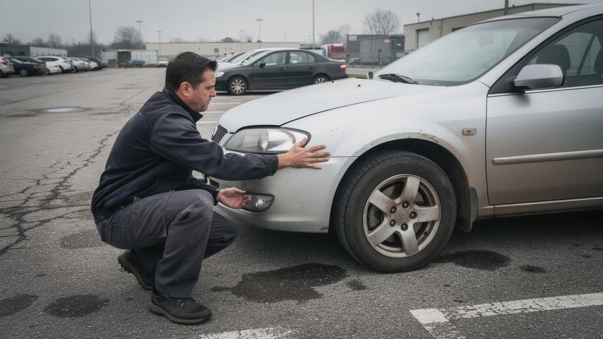 Inspector checking paint tone on a used sedan front wing