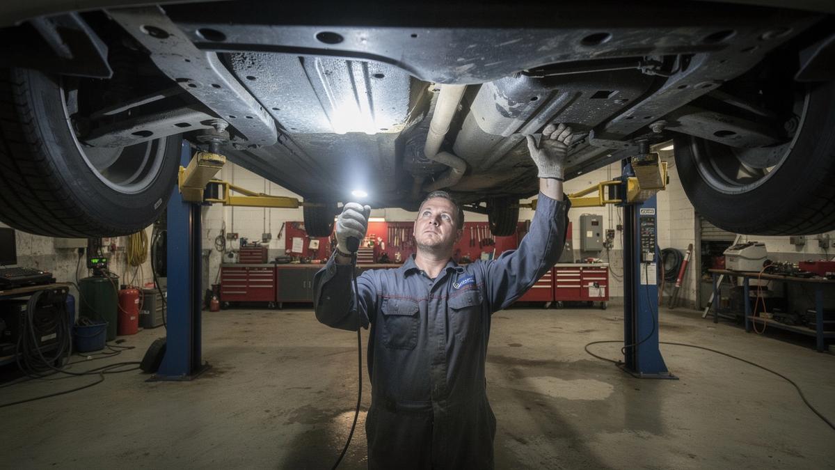 Inspector with a torch examining a car underbody on a lift