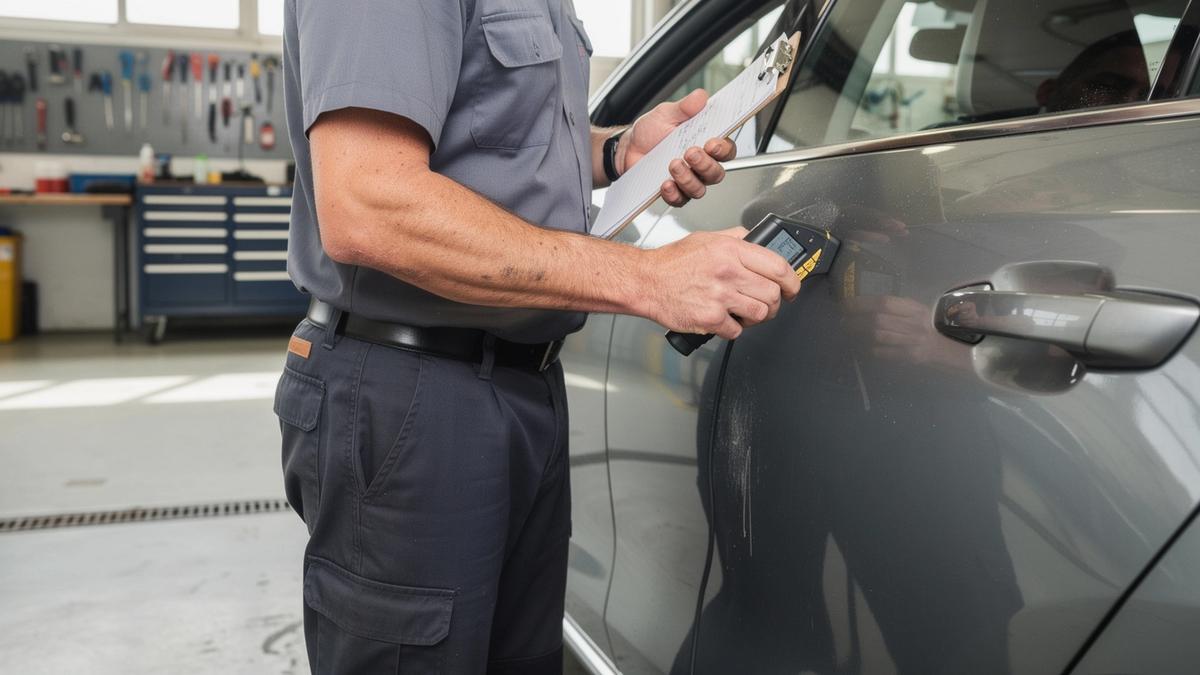 Inspector reading paint thickness on a car door with a gauge
